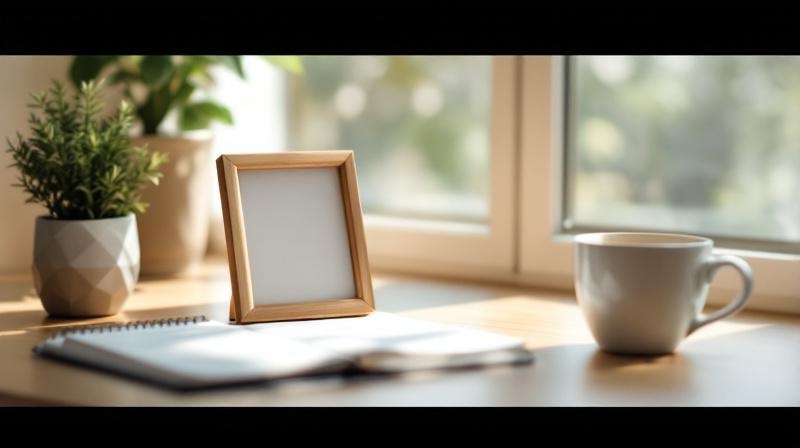 Heller Schreibtisch mit Notizbuch und Familienfotorahmen, ruhig