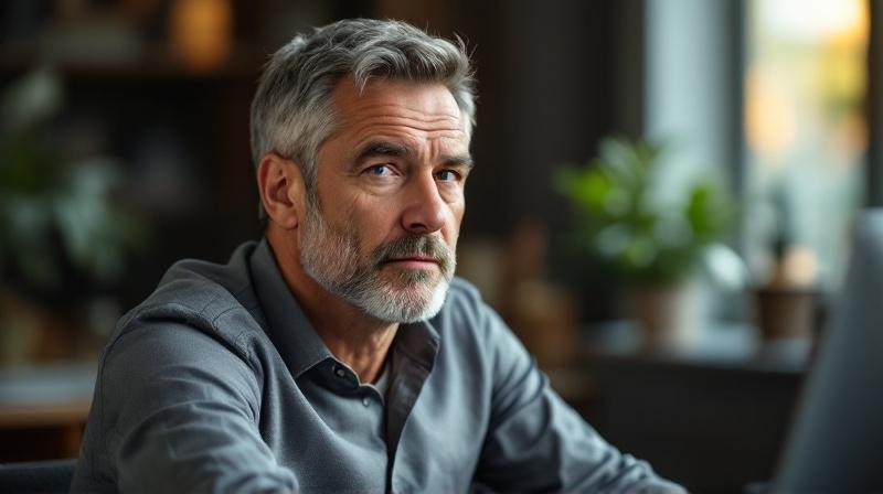 Mann Anfang 50 im ruhigen Beratungsgespräch, konzentriert und sachlich