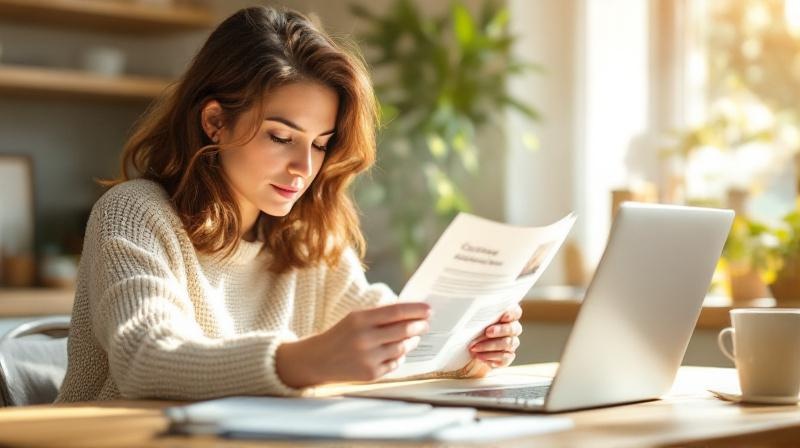 Frau liest am Küchentisch ruhig einen Kursflyer, Laptop daneben
