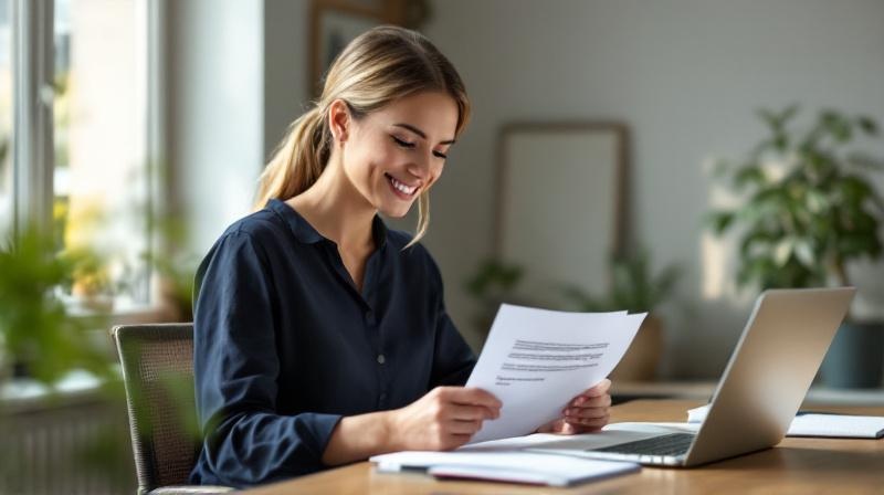 Frau mit Laptop und Dokument, ruhig lächelnd, frisch erhaltene Bewilligung