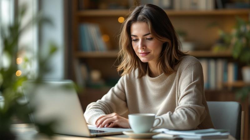 Frau Mitte 30 am Laptop im Home-Office, ruhig und konzentriert, beim Ausprobieren eines No-Code-Tools