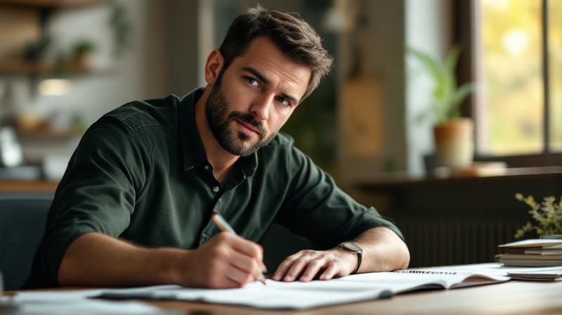 Mann Ende 30 mit Kalender und Unterlagen am Schreibtisch, ruhig und vorbereitet