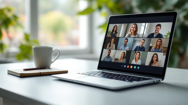 Laptop mit Videokonferenz-Oberfläche, Notizblock daneben