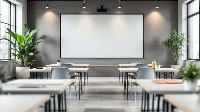 Lehrraum mit leeren Tischen und Tafel, neutrale Schulungssituation