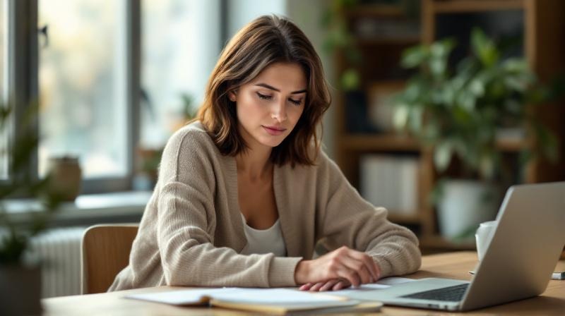 Frau an einem Schreibtisch mit Unterlagen, ruhig und strukturiert beim Planen der nächsten Schritte