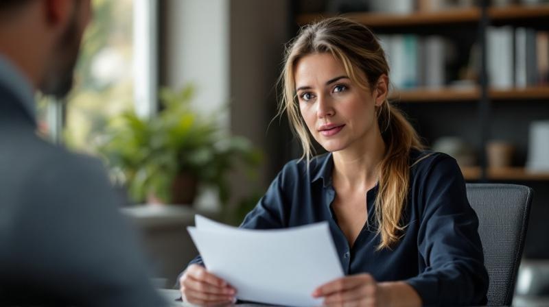 Frau im Beratungsgespräch bei der Agentur für Arbeit, sachlich und vorbereitet