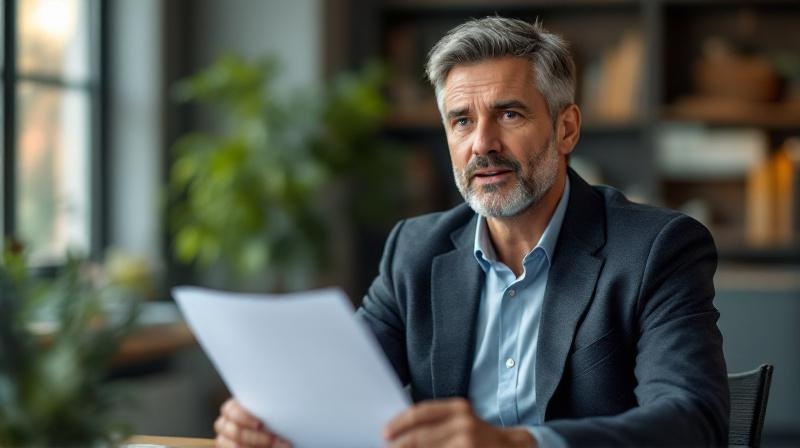 Mann Anfang 40 ruhig und vorbereitet bei einem sachlichen Gespräch im Beratungsbüro