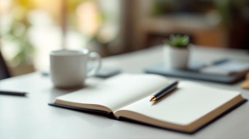 Schreibtisch mit Notizbuch, Stift und Tasse, ruhige berufliche Atmosphäre