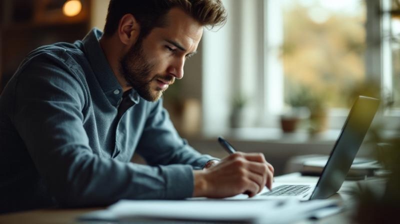 Person am Laptop mit einem Ordner voller Dokumente, ruhige Vorbereitung