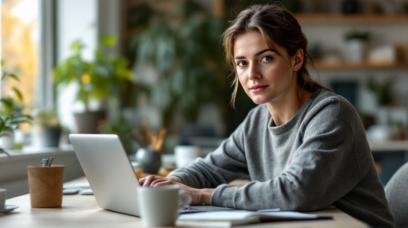 Person am Laptop in einer barrierearm eingerichteten Wohnumgebung, konzentriert