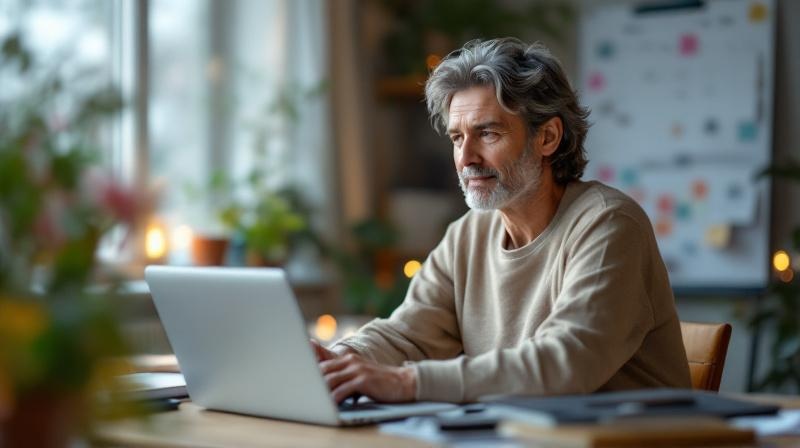 Person am Schreibtisch mit Kalender und Laptop, konzentrierte Planung
