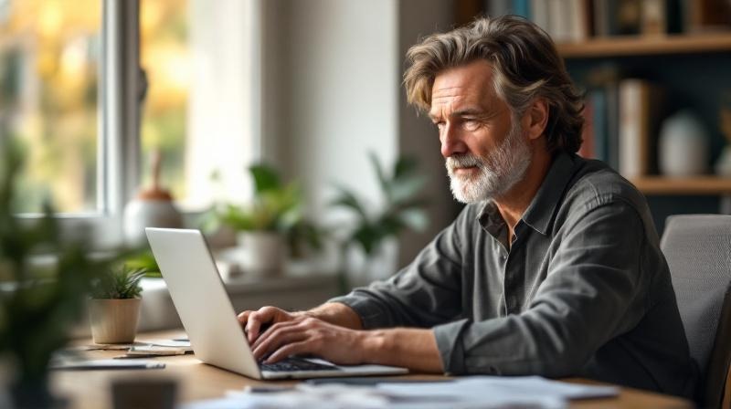 Person am Schreibtisch mit Laptop, ergonomische Arbeitsumgebung, konzentrierte Atmosphäre
