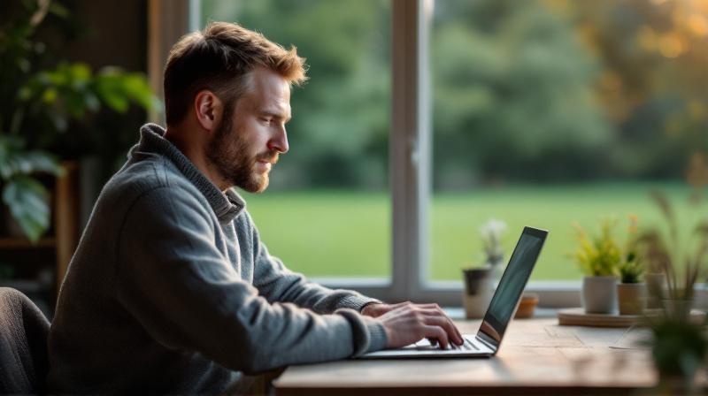 Frau in einem ländlichen Zuhause am Laptop, Fenster mit Ausblick auf Wiesen