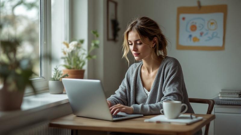 Frau am Schreibtisch zu Hause, im Hintergrund Kinderzeichnungen an der Wand