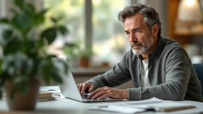 Person am Schreibtisch mit Laptop und Papieren, ruhige sachliche Atmosphäre