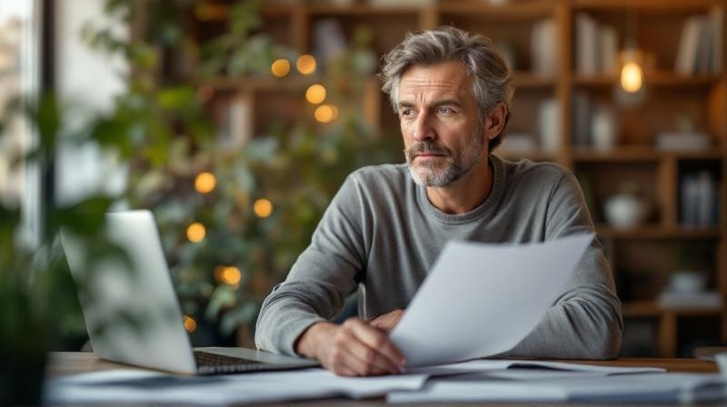 Person vor einem Laptop mit Bewerbungsunterlagen, nachdenklich und lösungsorientiert