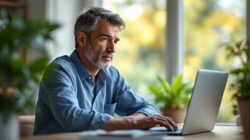 Person in Alltagskleidung am Laptop in einem hellen Raum, wieder belastbar und fokussiert