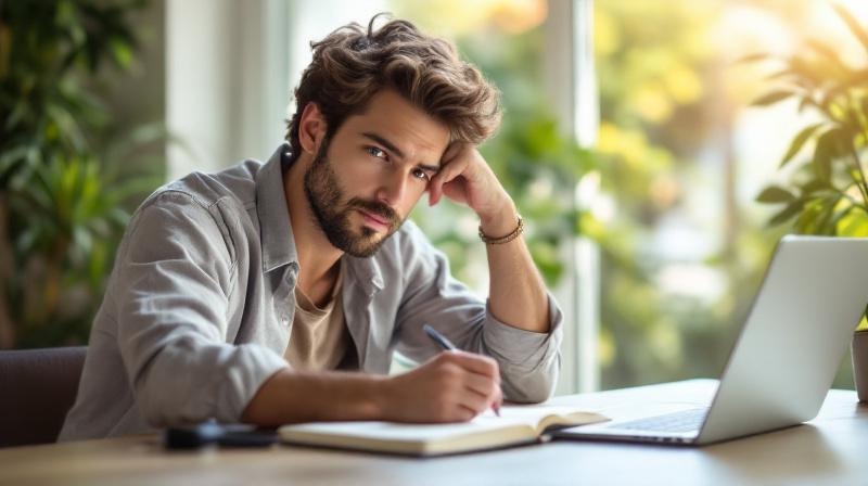 Person mit Notizbuch und Laptop an einem hellen Schreibtisch, nachdenklich und lösungsorientiert