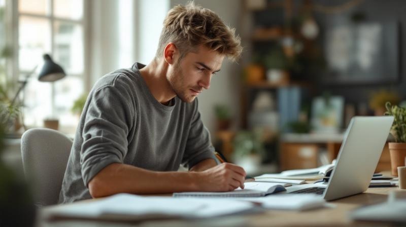 Person am Laptop mit einem Notizbuch, strukturierte Tagesplanung