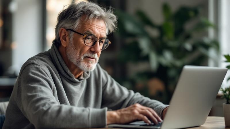 Person Anfang 60 am Laptop in einem hellen Zimmer, ruhig konzentriert, lebenserfahren