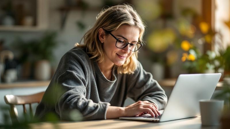 Person an einem Küchentisch mit Laptop, entspannte Arbeitsatmosphäre, Teilzeit-Setting
