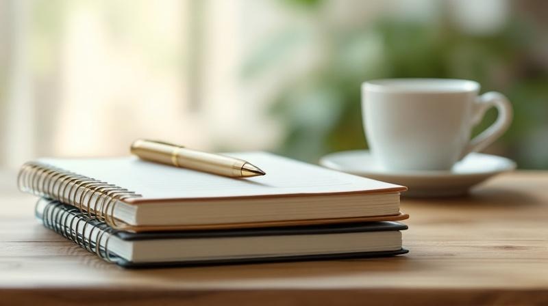 Zwei aufeinanderliegende Notizbücher mit Stift und Tasse, Tageslicht