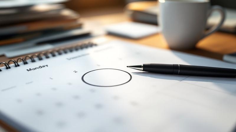 Kalender mit markiertem Datum, ruhige Tischatmosphäre mit Stift und Unterlagen