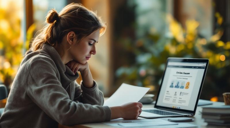 Person sitzt mit nachdenklichem Blick vor Laptop und Brief der Agentur für Arbeit