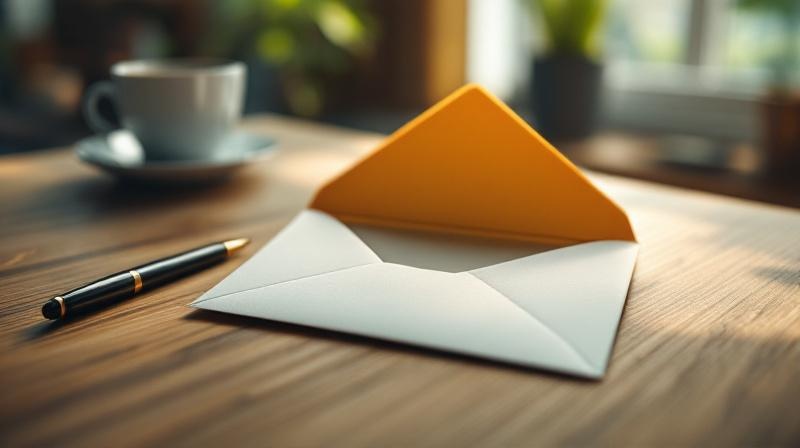 Offener leerer Umschlag auf einem Schreibtisch, nachdenkliche Stimmung