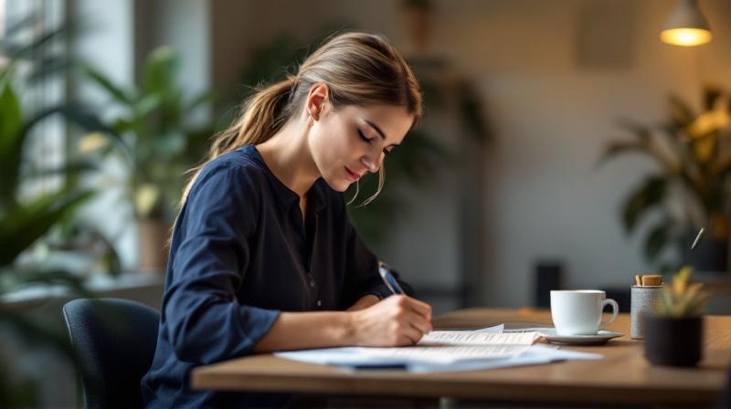 Frau am Schreibtisch schreibt einen Brief, ruhig und entschlossen