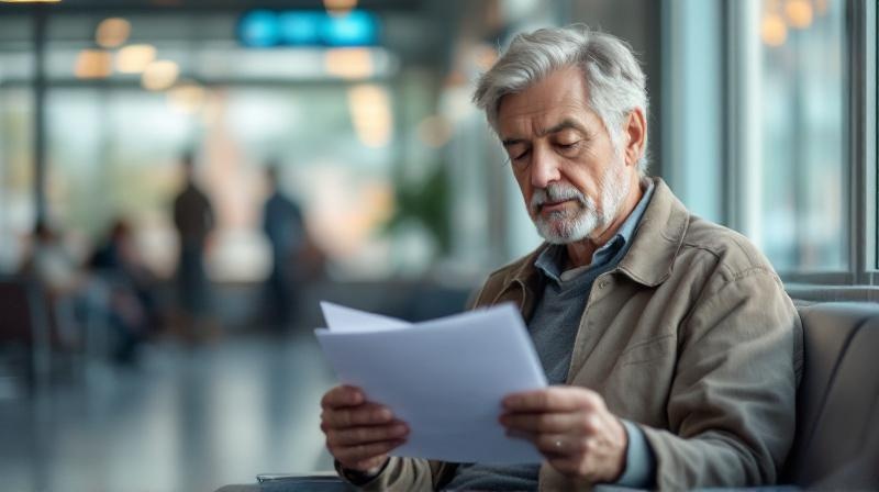 Person liest nachdenklich einen Brief im Wartebereich eines Amts