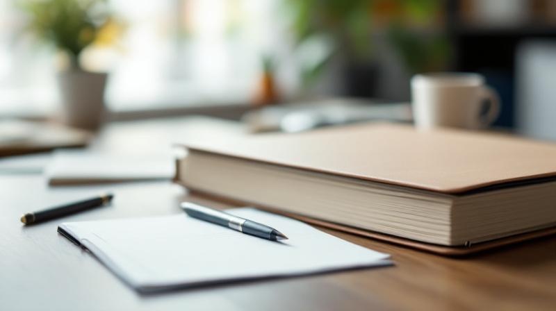 Schreibtisch mit Aktenmappe und Notizblock, ruhige Arbeitsatmosphäre