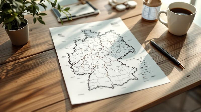 Übersichtskarte Deutschland mit Markierungen der Bundesländer auf einem Schreibtisch