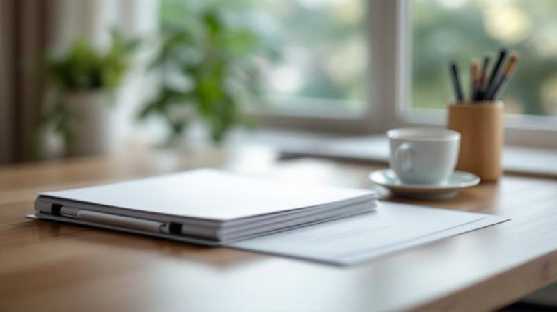 Schreibtisch mit Aktenordner und Tasse, ruhige neutrale Atmosphäre
