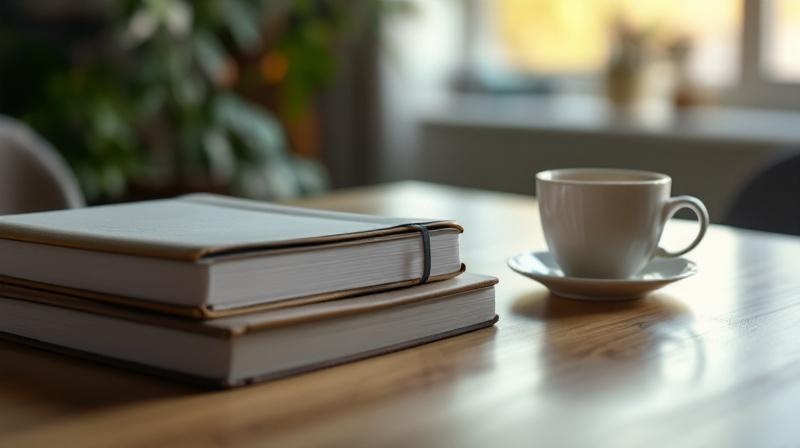 Ein Schreibtisch mit zwei Aktenordnern, einem ruhigen Arbeitsplatz und einer Tasse Tee