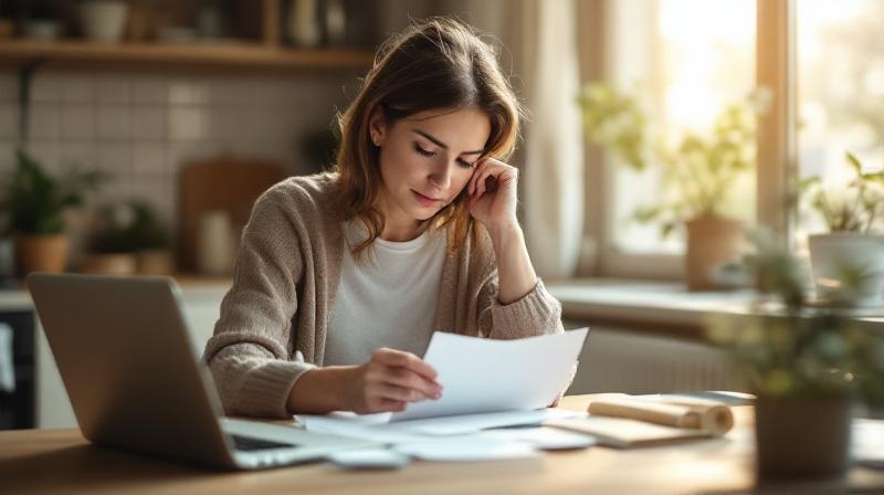 Person sortiert Briefe von der Agentur für Arbeit am Schreibtisch, Laptop offen daneben