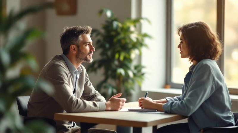 Person gestikuliert ruhig im Gespräch, gegenüber am Schreibtisch eine zuhörende Beraterin