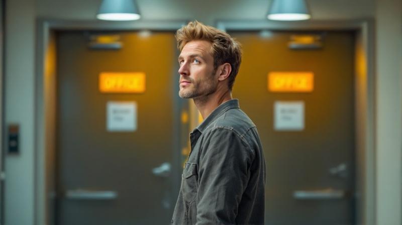 Zwei parallele Türen in einem Amtsgebäude, Person entscheidet bewusst vor einer davon