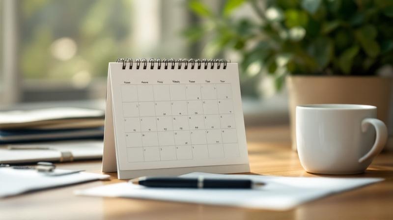 Kalender mit ruhig markierten Wochen, daneben ein Stift und eine Tasse, konzentrierte Planung