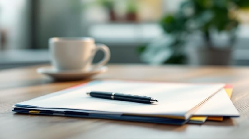 Sauber sortierte Dokumentenmappe mit Laschen, daneben ein Stift, ruhige Schreibtisch-Szene