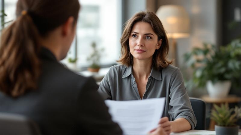 Frau Anfang 40 im Beratungsgespräch bei der Agentur für Arbeit mit Unterlagen in der Hand