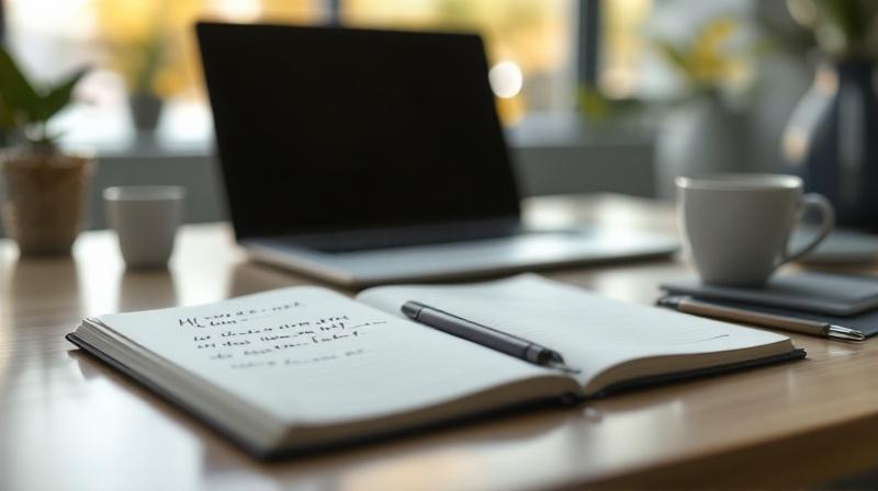 Schreibtisch mit Laptop, geöffnetem Notizbuch und Stift in ruhiger Atmosphäre