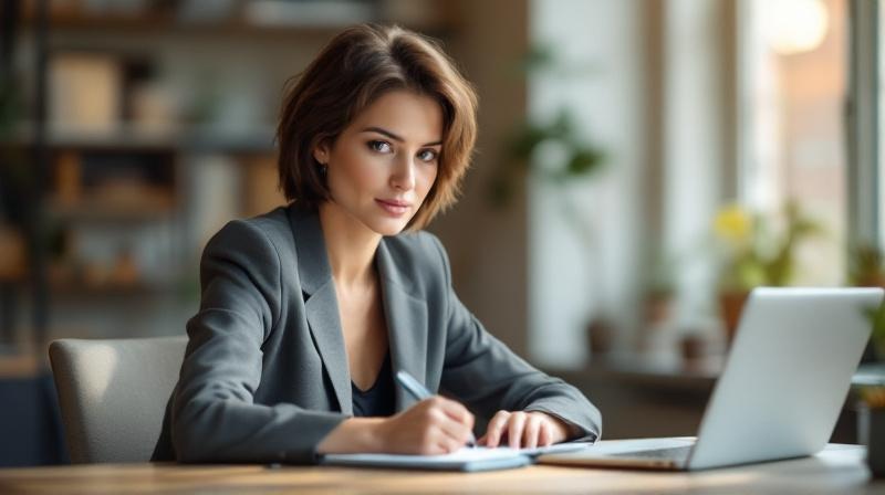 Frau im Beratungsgespräch bei der Agentur für Arbeit, notiert ihre Karriereziele in einem Notizbuch