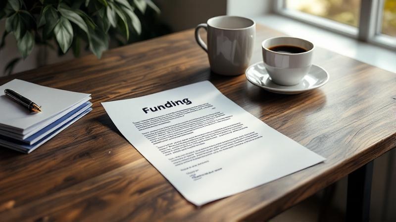 Schreibtisch mit Förderbescheid und Stift, Tageslicht von der Seite