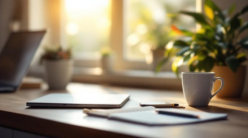 Arbeitsplatz mit Laptop, Notizbuch und Kaffeetasse in ruhiger Morgenstimmung