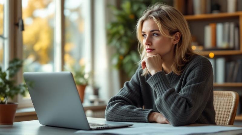 Person sitzt nachdenklich am Schreibtisch vor Laptop, Notizen und ein Brief liegen daneben