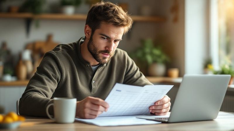 Mann blättert am Küchentisch in einem Kalender, Laptop und Kaffee neben ihm