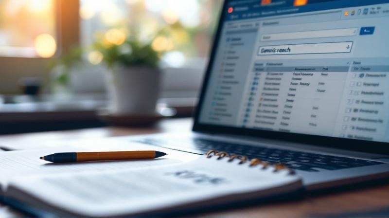 Bildschirm mit Such-Eingabe in einer Datenbank, Notizblock daneben