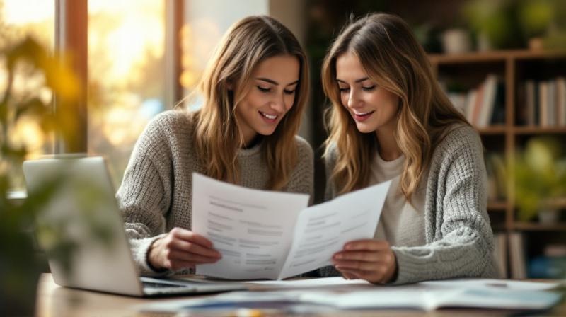 Person studiert mehrere Kursprospekte auf einem Schreibtisch, Laptop mit Lernplattform daneben