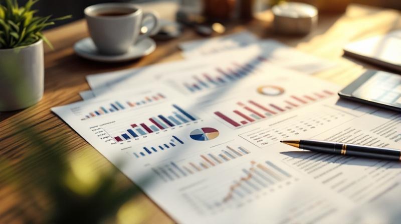 Ausgedruckte Statistiken und Diagramme auf einem Schreibtisch neben einer Tasse Kaffee